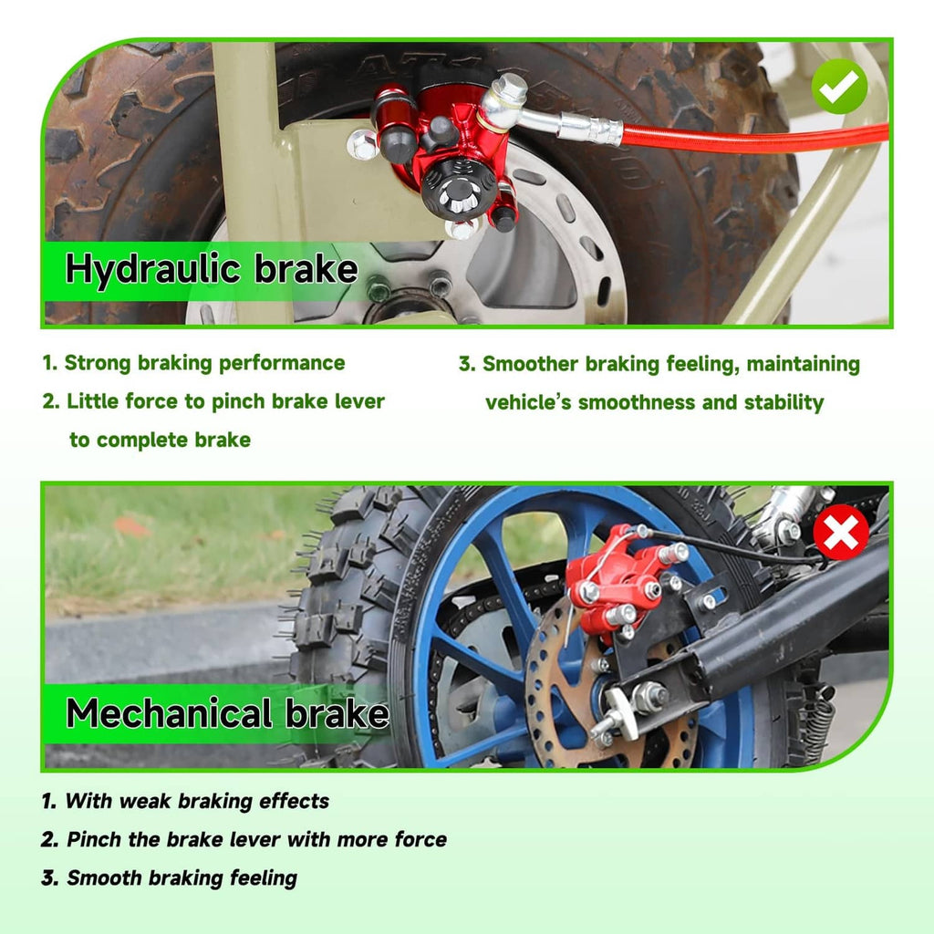 Hydraulic brake kit with red caliper on front wheel, connected to red brake hose