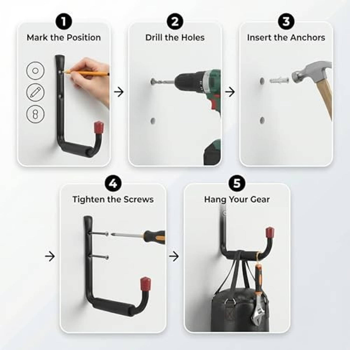 Step guide for mounting a black J hook: mark, drill holes, insert anchors, tighten screws