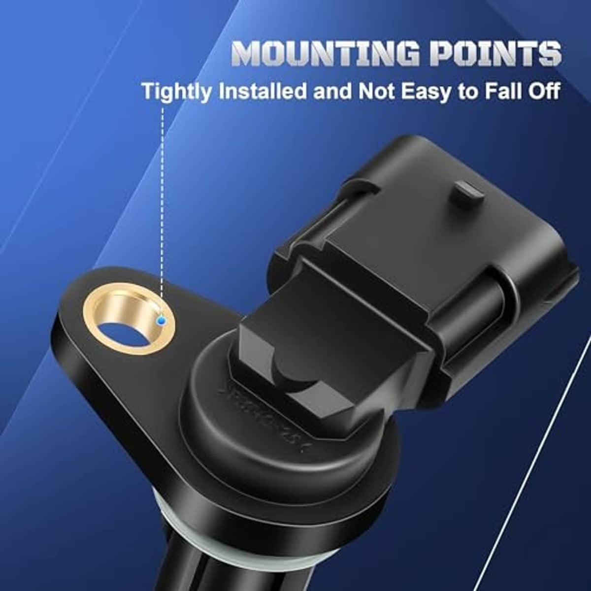 Camshaft position sensor with gold mounting ring and locking tab on black body