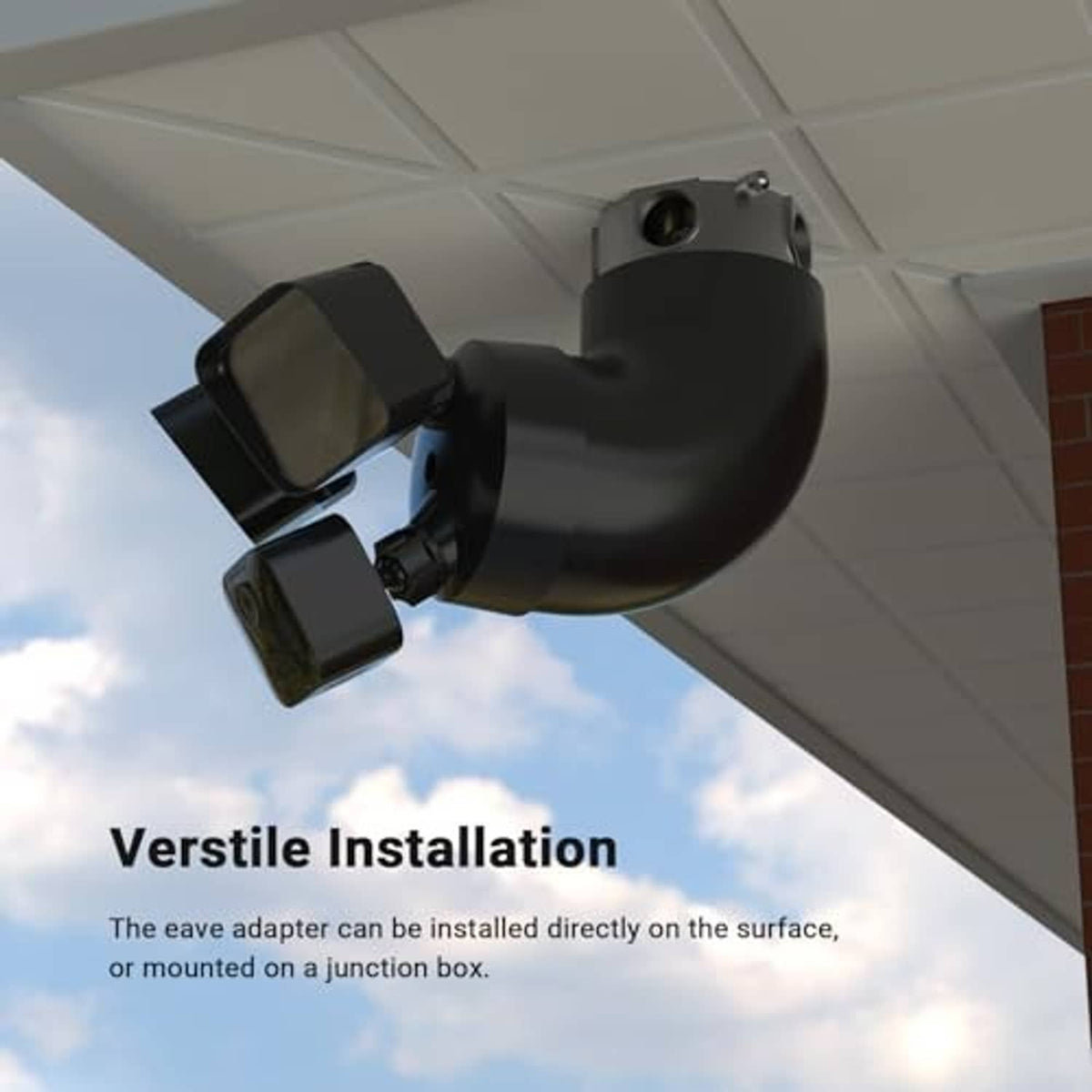 Eave mount adapter mounted on soffit with floodlight cam facing down
