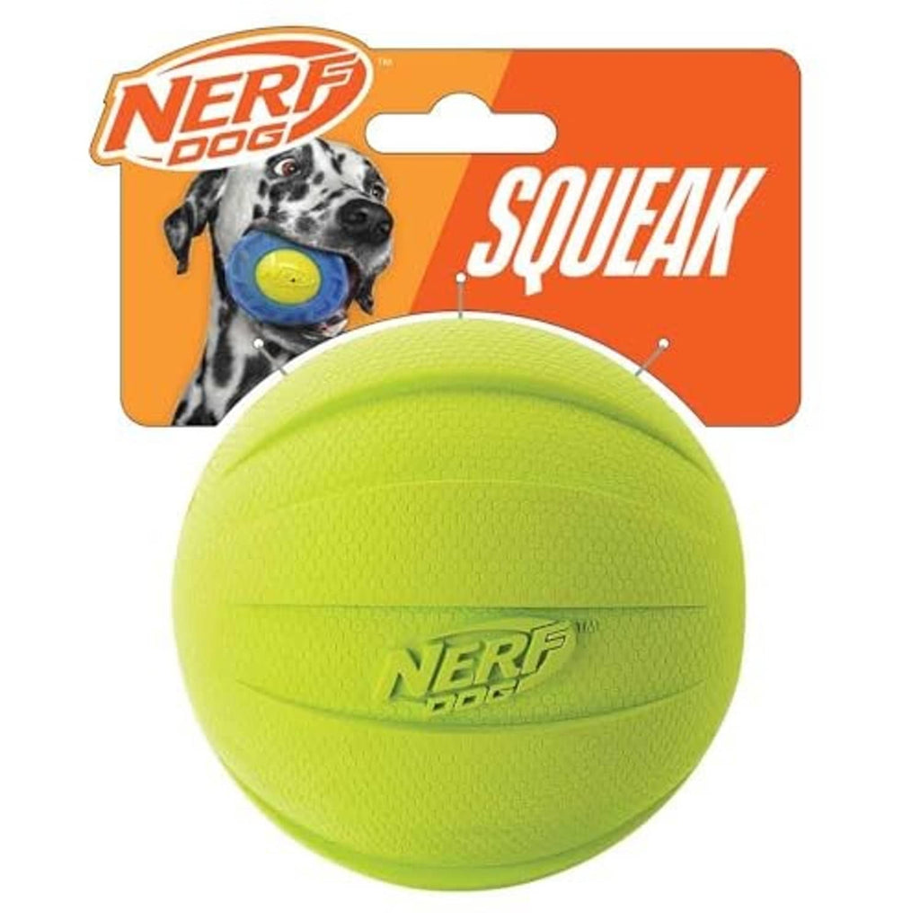 Nerf Dog neon green rubber squeaker ball with textured surface and logo