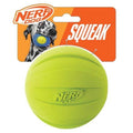 Nerf Dog neon green rubber squeaker ball with textured surface and logo