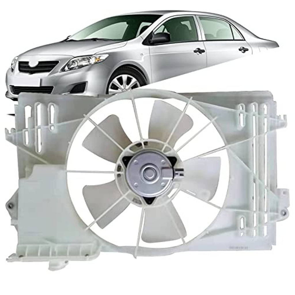 Radiator cooling fan assembly shown with vehicle front view and mounting frame