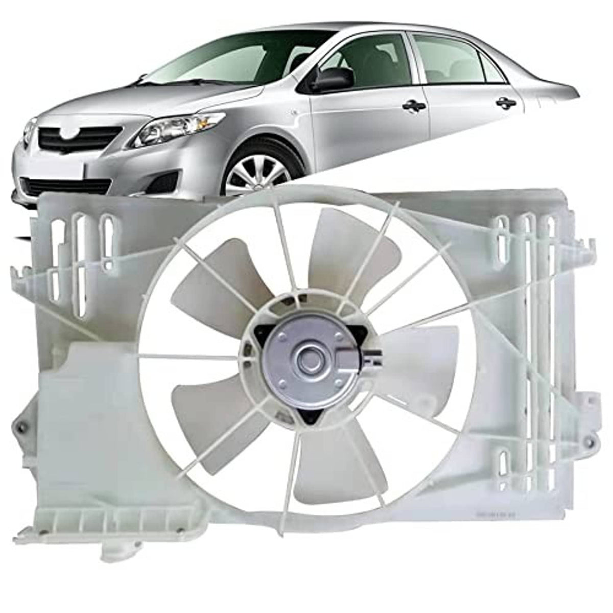 Radiator cooling fan assembly shown with vehicle front view and mounting frame