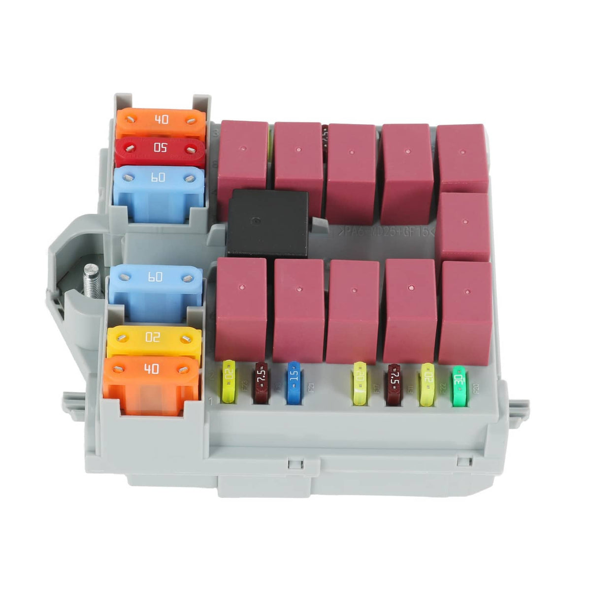 Power distribution center with red rocker fuses and multi-color blade fuses on the side