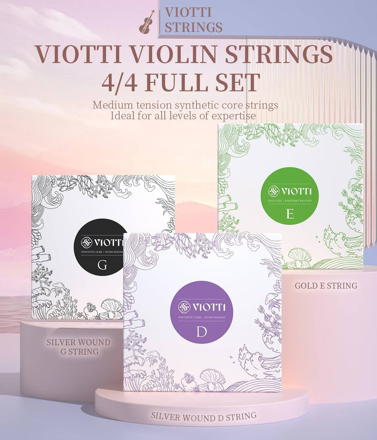 VIOTTI violin strings 4/4 full set packaging with labeled D, G, and G strings