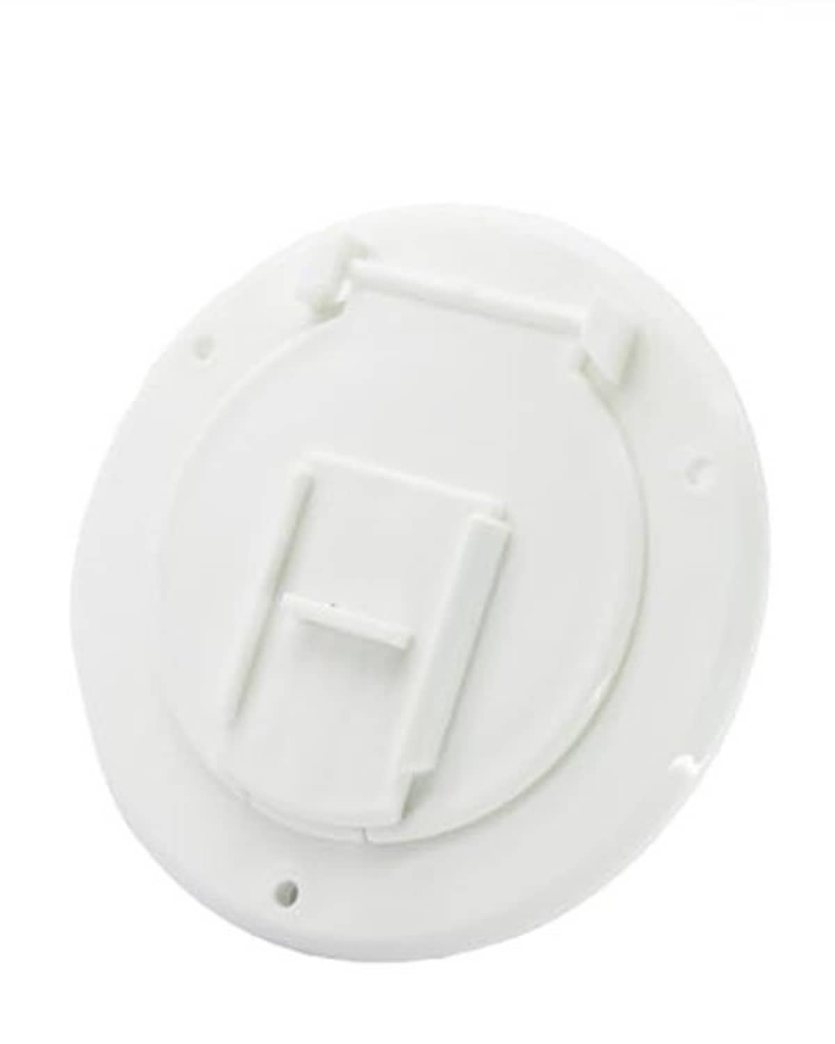 Round white RV power cord hatch cover with hinged latch detail