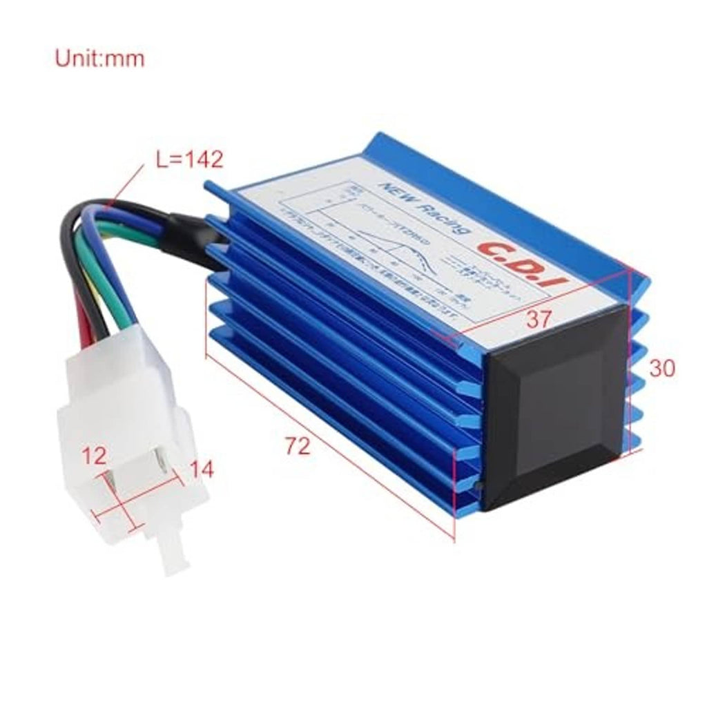 Blue CDI ignition control unit with label details, black end block and cooling fins