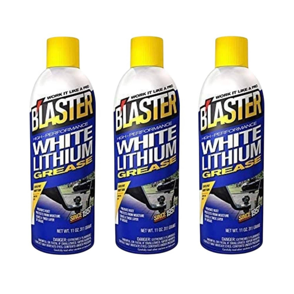 Three-pack white lithium grease aerosol spray cans with yellow caps