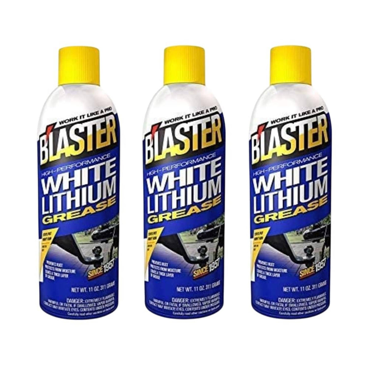 Three-pack white lithium grease aerosol spray cans with yellow caps