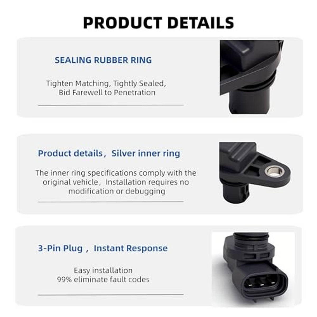 Camshaft position sensor with sealing rubber ring, silver inner ring, and 3-pin plug
