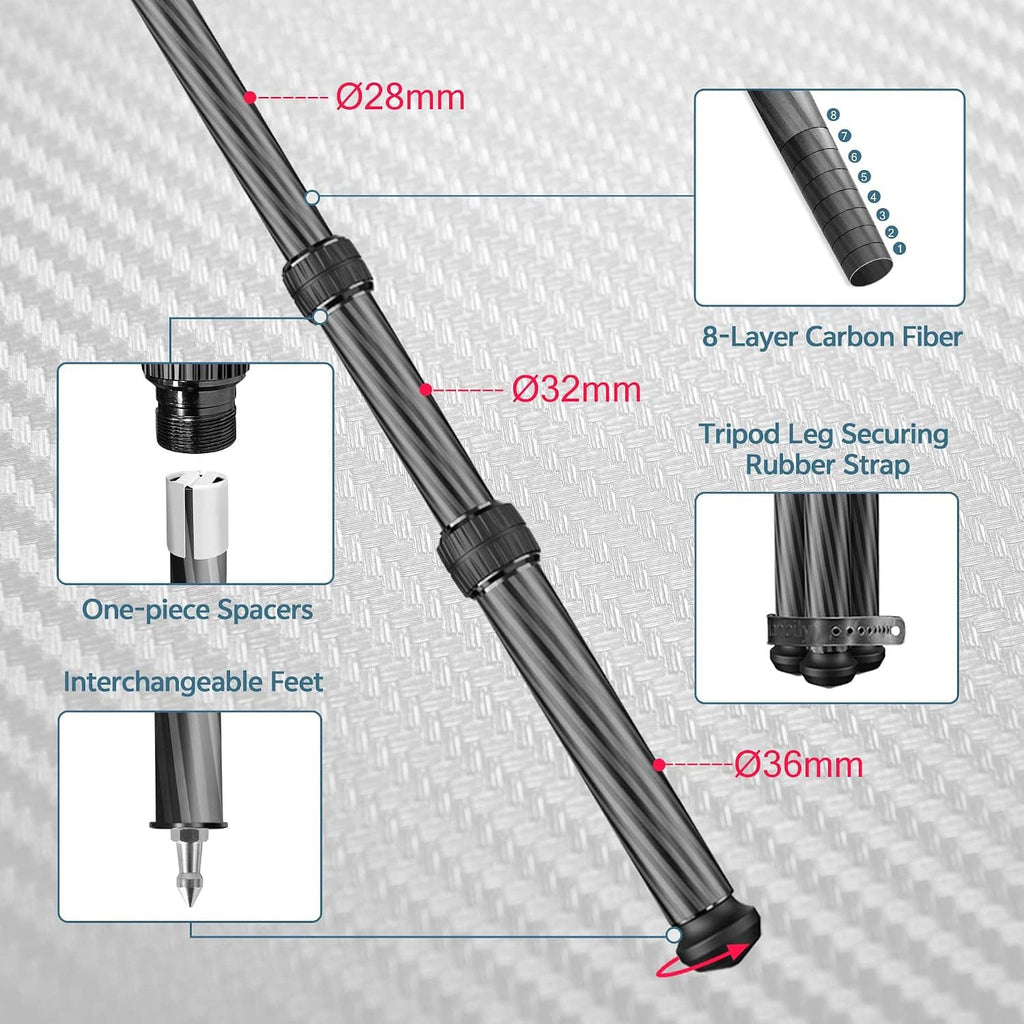 Carbon fiber tripod legs with rubber strap, one-piece spacers, and interchangeable feet
