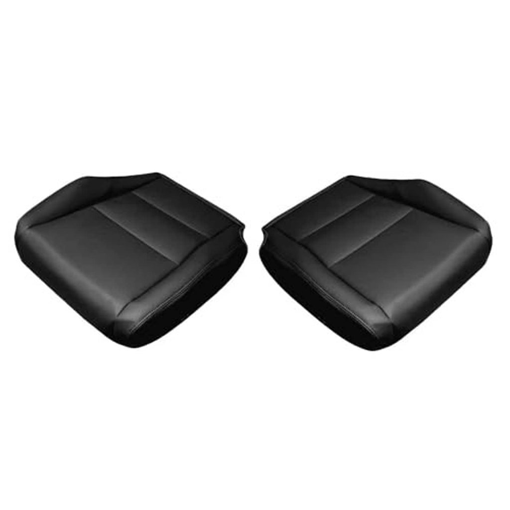 Black leather-look replacement front seat bottom covers, two pieces showing top panel stitching