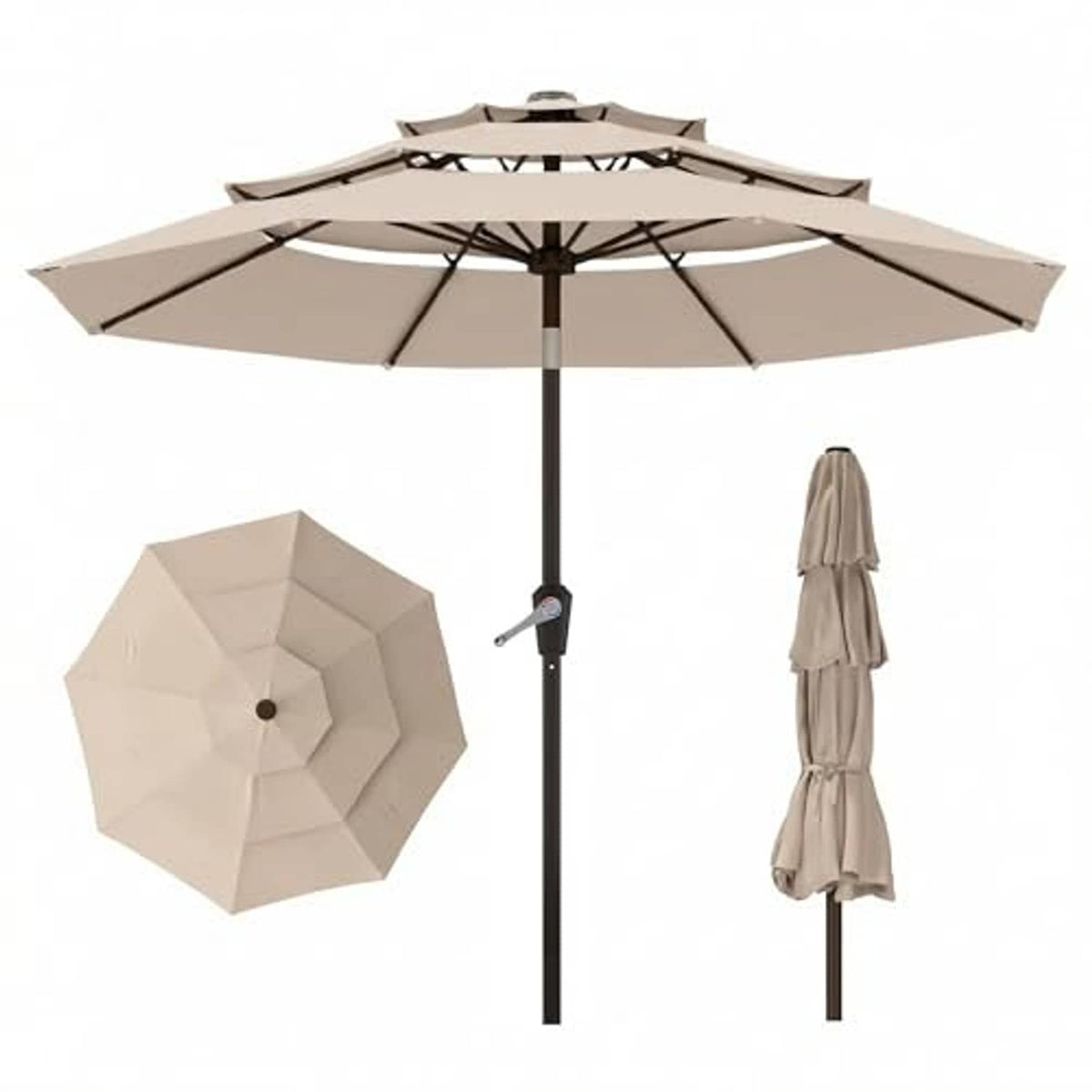 Beige 3-tier outdoor patio umbrella with vented canopy and hanging cover
