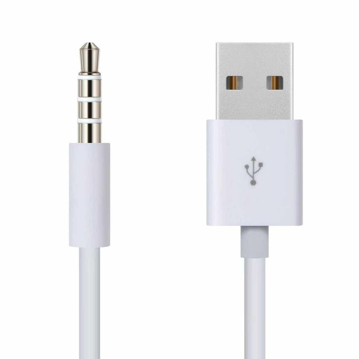 White 3.5mm male audio plug and USB-A connector cable, molded ends