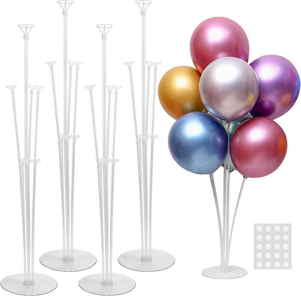Balloon stand kit with five white poles and bases plus a cluster of metallic balloons