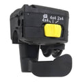 Black thumb throttle lever with yellow 4x4 button and rocker switch