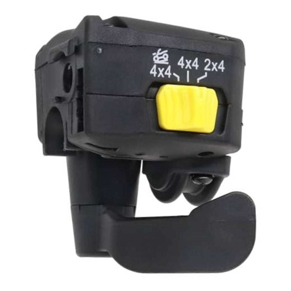 Black thumb throttle lever with yellow 4x4 button and rocker switch