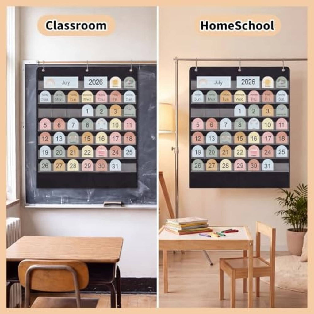 Black classroom calendar pocket chart on wall display with hanging hooks for date inserts