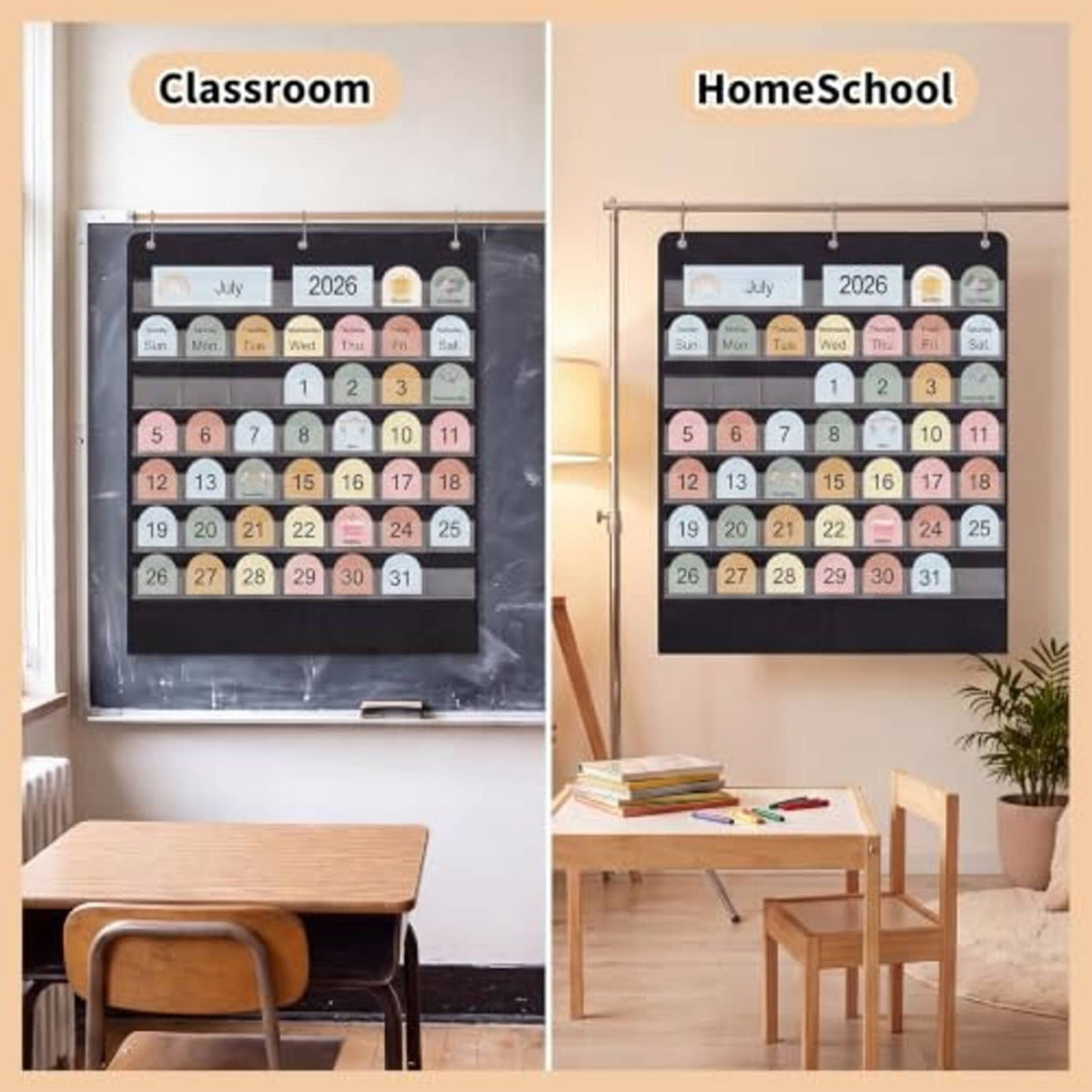 Black classroom calendar pocket chart on wall display with hanging hooks for date inserts