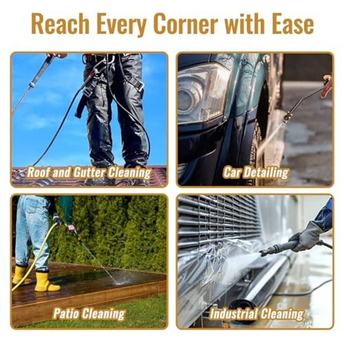 Brass quick-connect coupler on a pressure-washer hose for reaching corners