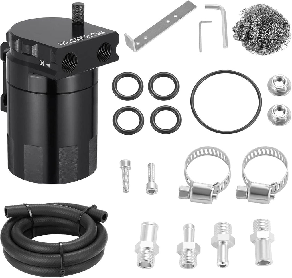 Black oil catch can reservoir tank kit with dipstick, hose, bracket, and seal hardware
