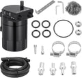 Black oil catch can reservoir tank kit with dipstick, hose, bracket, and seal hardware