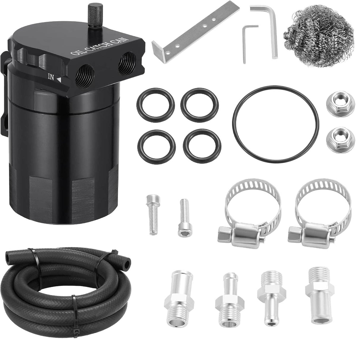 Black oil catch can reservoir tank kit with dipstick, hose, bracket, and seal hardware