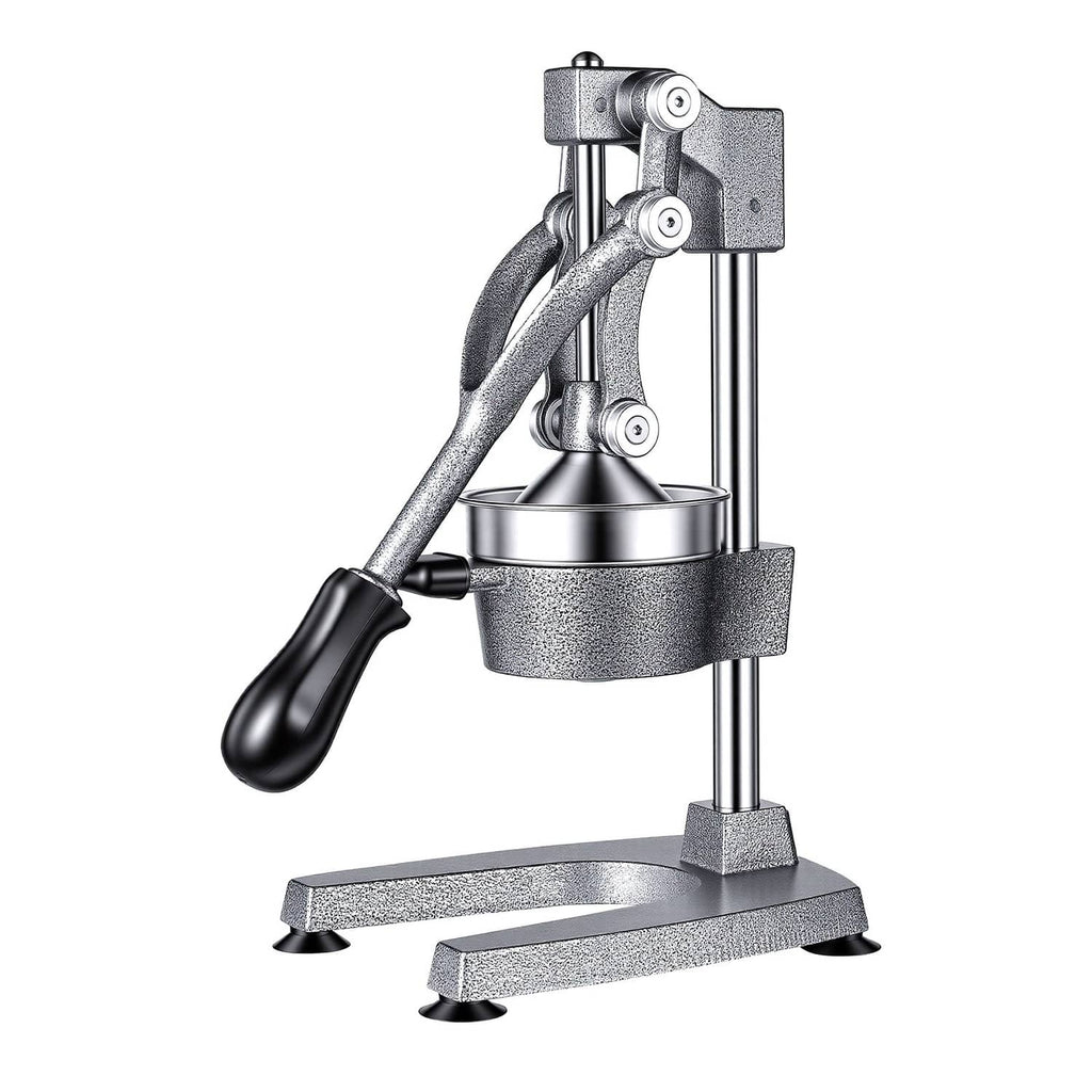 Manual citrus juicer press with lever handle and metal pulp strainer cup, silver gray