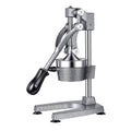 Manual citrus juicer press with lever handle and metal pulp strainer cup, silver gray