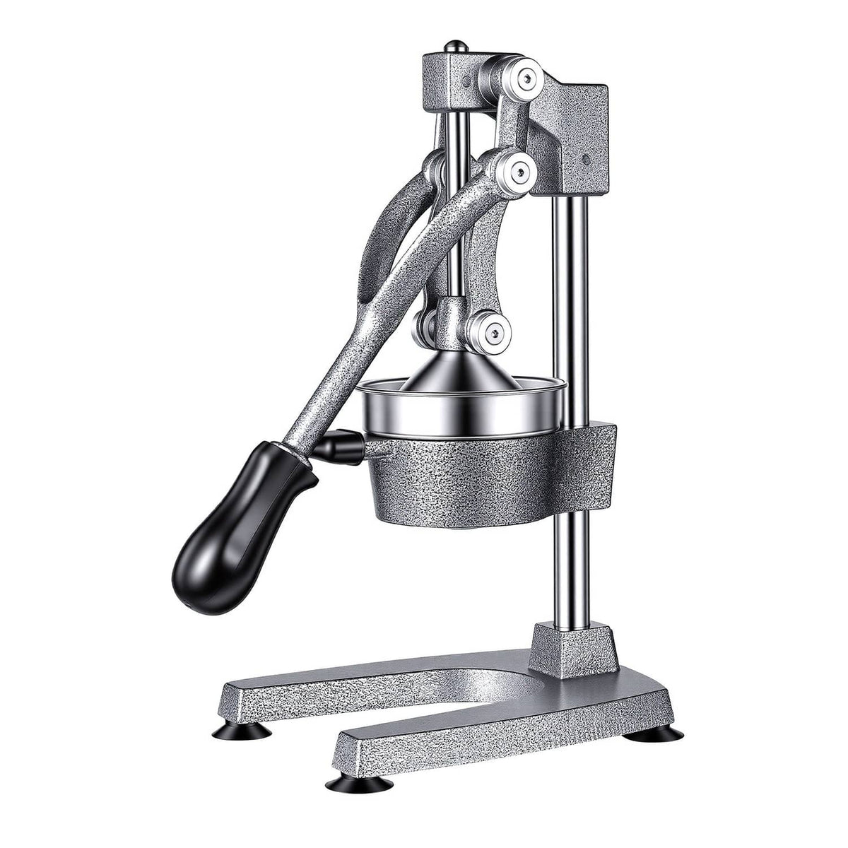 Manual citrus juicer press with lever handle and metal pulp strainer cup, silver gray