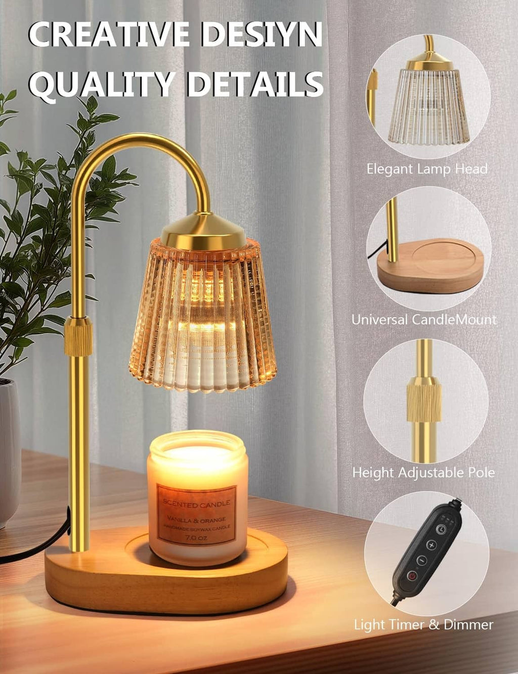 Gold candle warmer lamp with textured lamp shade and adjustable height pole for warming candles