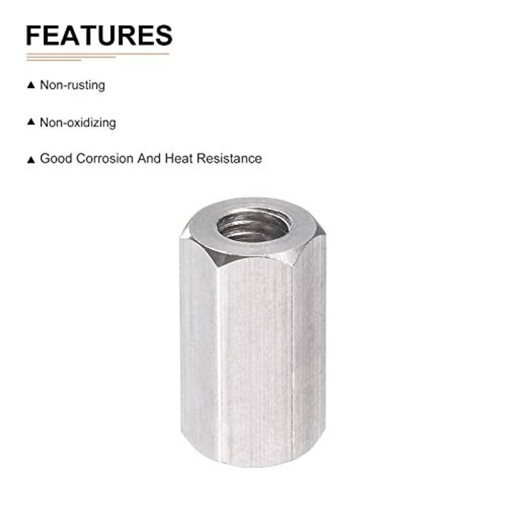 Single hex coupling nut in silver steel, hex outer shape with internal threaded hole.