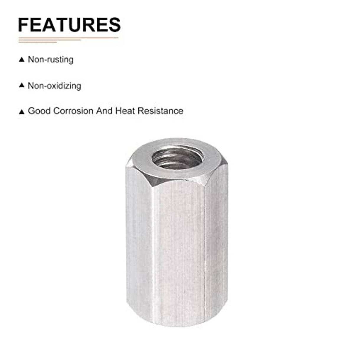 Single hex coupling nut in silver steel, hex outer shape with internal threaded hole.
