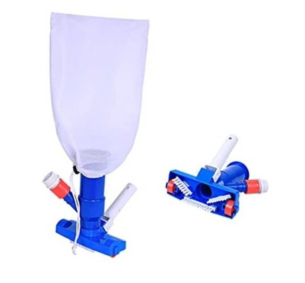 Pool jet vacuum cleaner with white mesh bag, blue brush head, and short connector