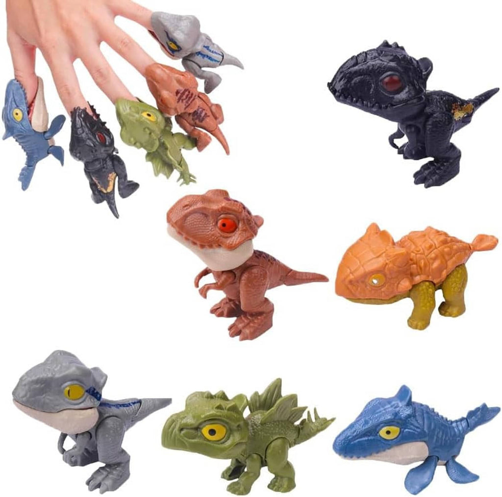 Biting finger dinosaur toy set, six small chomp-style dinos in blue, black, green, and orange
