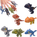 Biting finger dinosaur toy set, six small chomp-style dinos in blue, black, green, and orange
