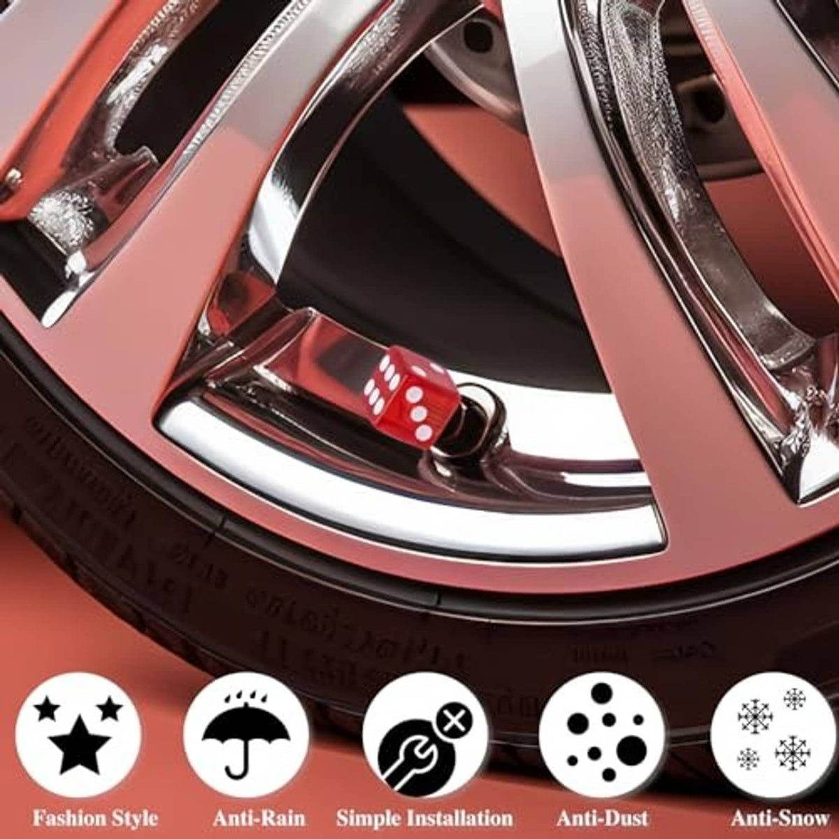 Red dice tire valve cap installed on a wheel rim with anti-dust rain snow icons