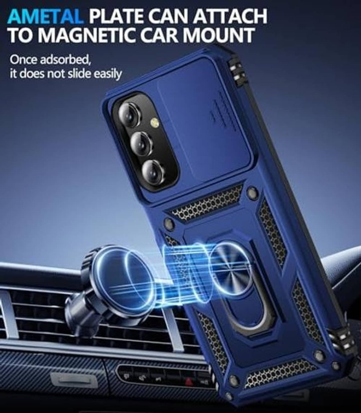 Blue rugged phone case for rear camera cutouts with slide lens cover; screen protector shown