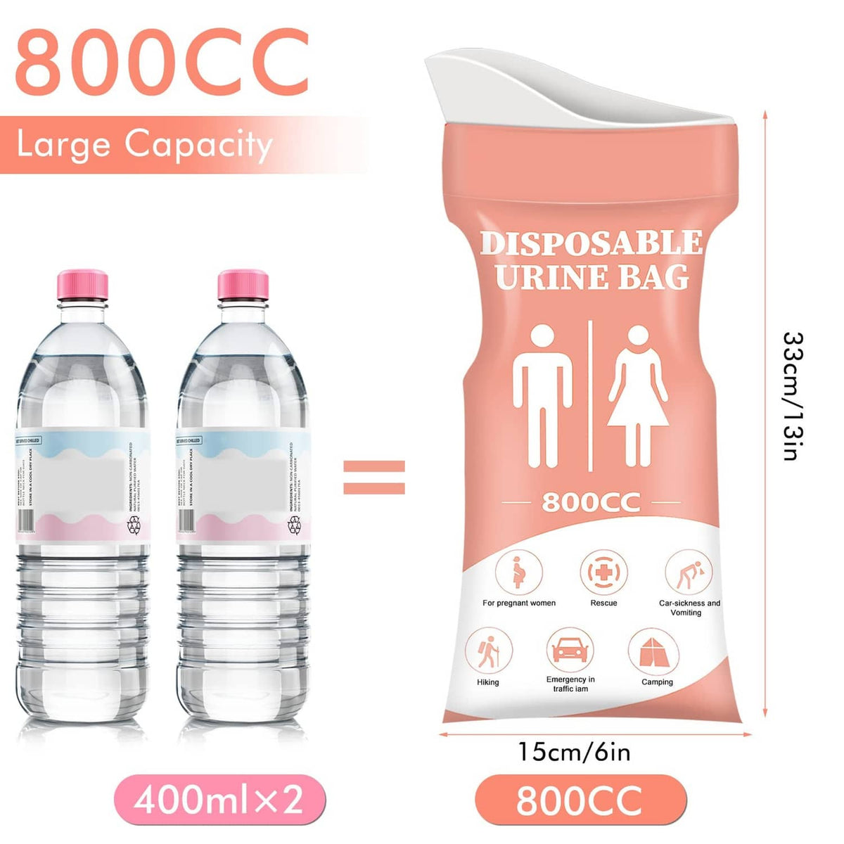Pink disposable urine bag with 800cc capacity label and overall size height