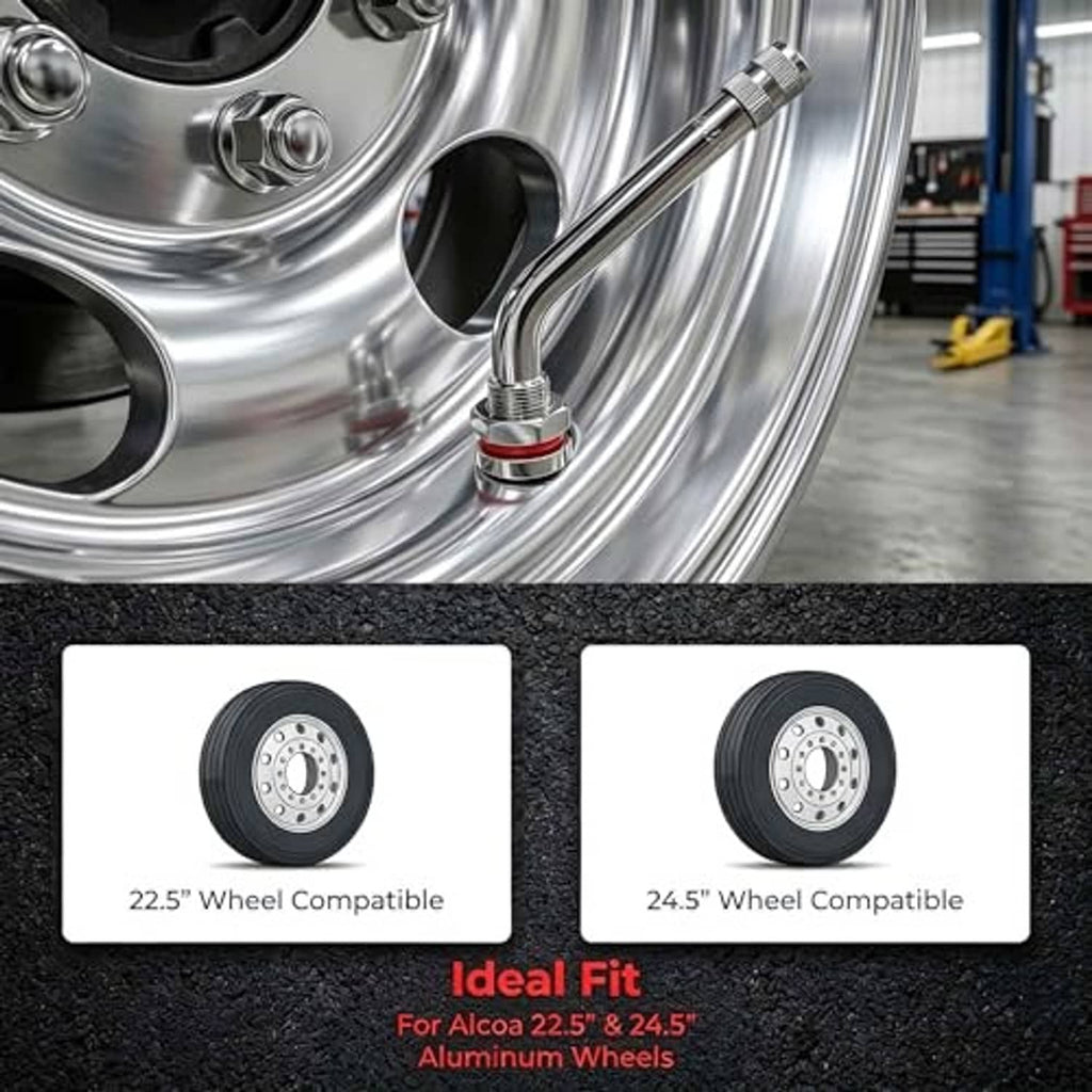 Single silver 60° truck tire valve stem installed on a wheel rim with red sealing ring