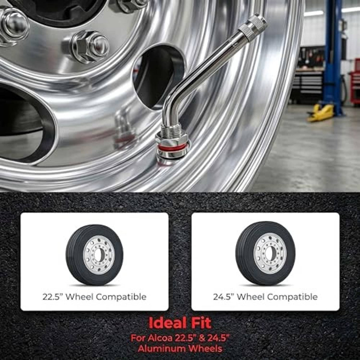 Single silver 60° truck tire valve stem installed on a wheel rim with red sealing ring