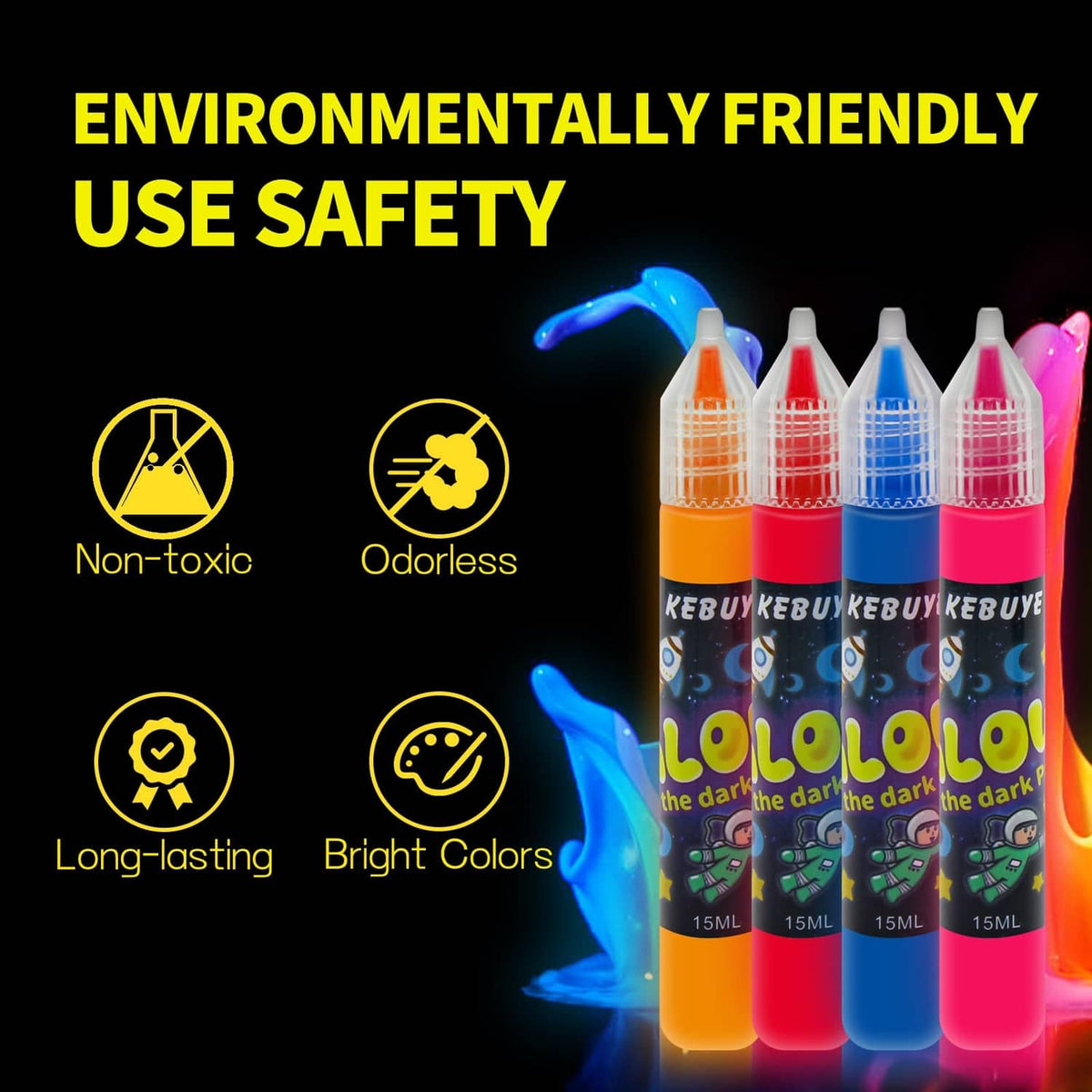 Glow acrylic paint set of squeeze bottles, assorted colors with long-lasting bright glow
