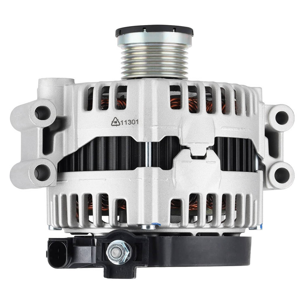 Automotive alternator with threaded output stud and front vented housing