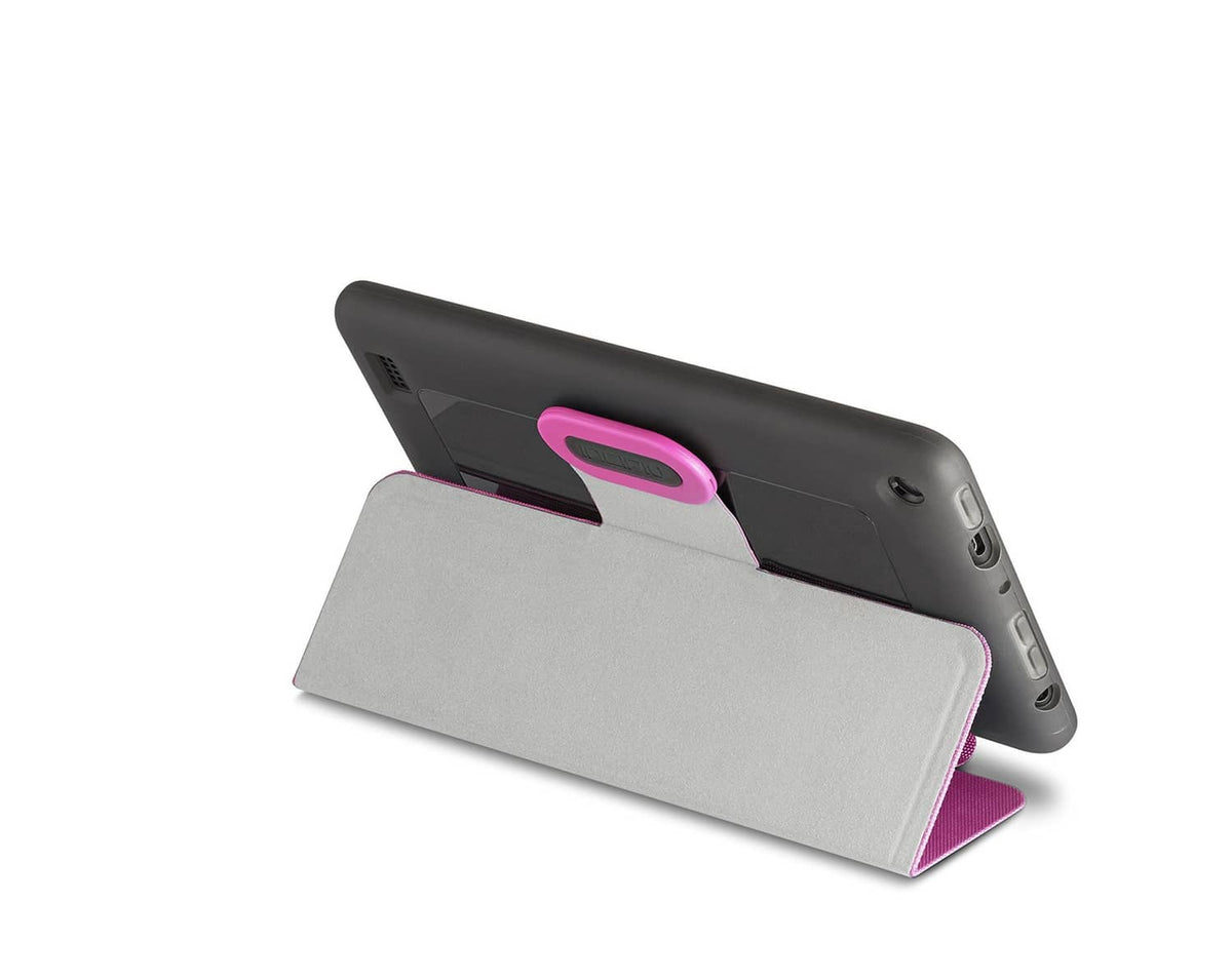Incipio Clarion folio case showing gray interior and pink grip, device back protected