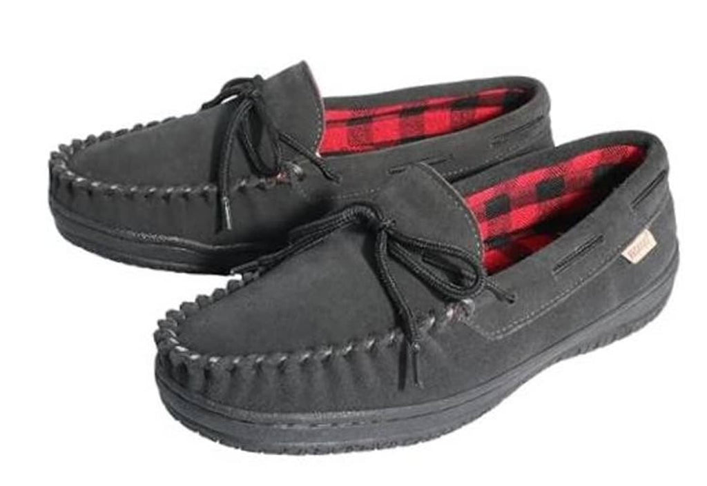 Men’s charcoal gray leather moccasin slippers with lace-up front and red plaid lining.