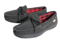 Men’s charcoal gray leather moccasin slippers with lace-up front and red plaid lining.