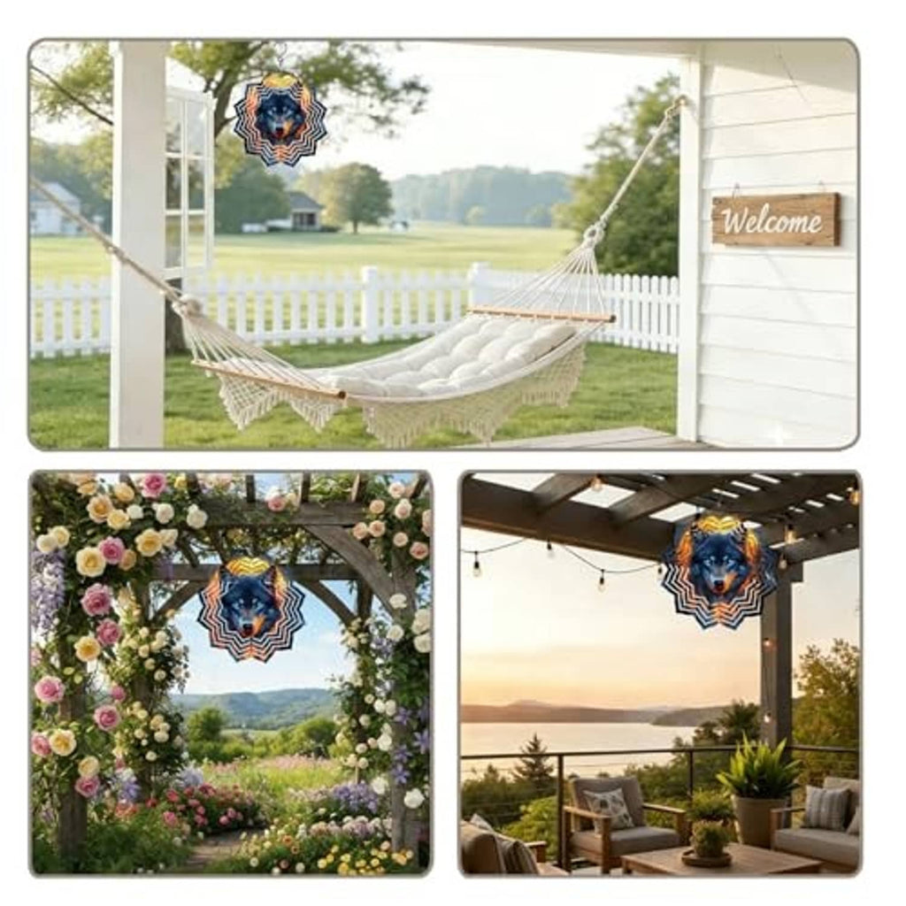 Wolf wind spinner rosette hanging outdoors, blue face with orange and white metal blades