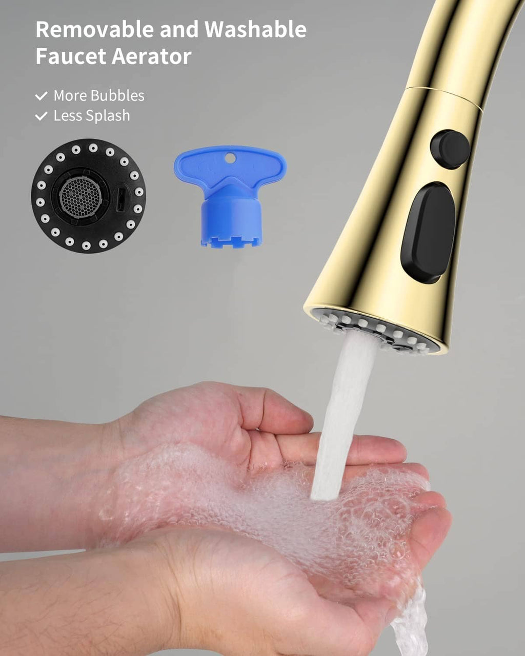 Removable faucet aerator on polished brass sprayer head with water flow and blue screen