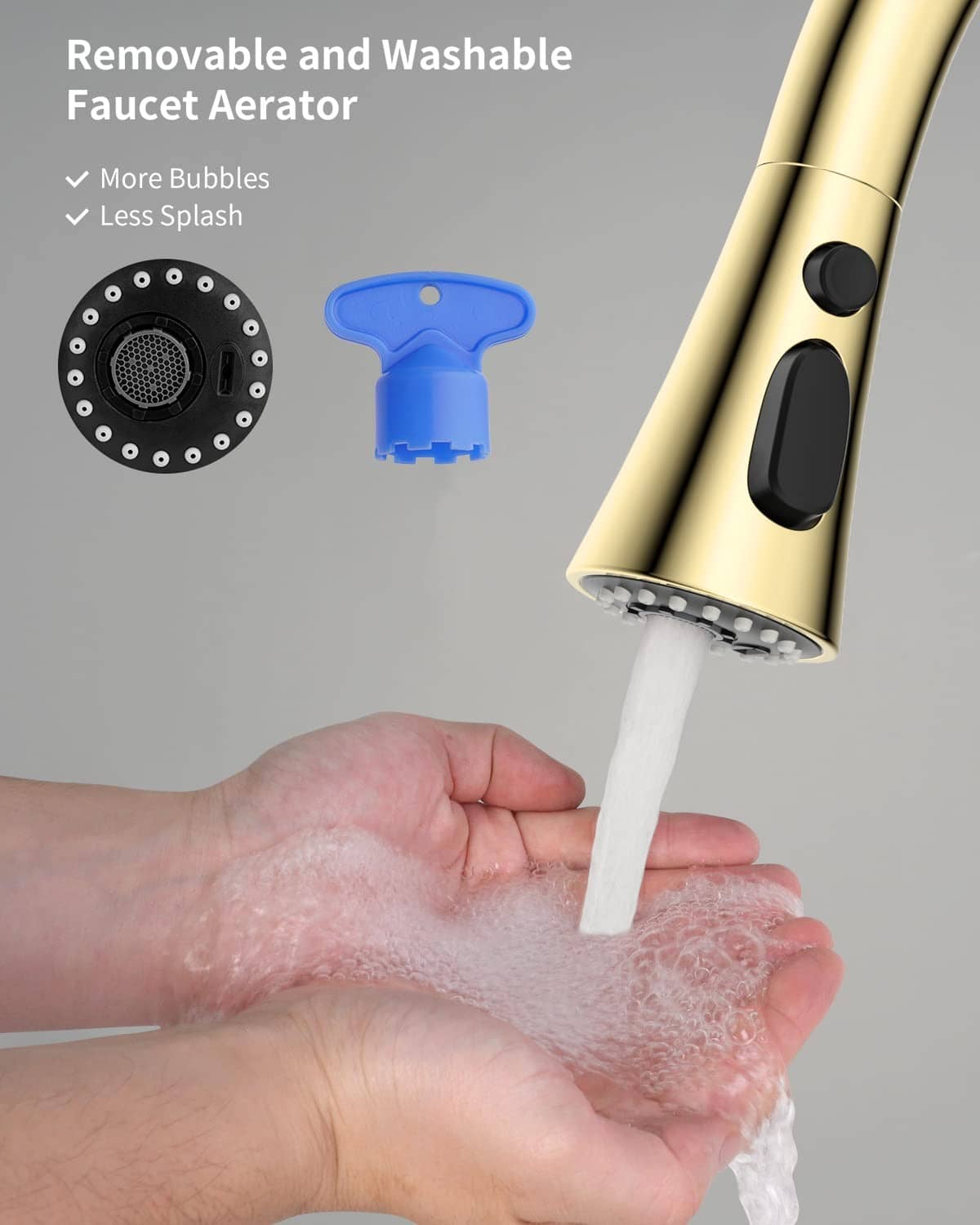 Removable faucet aerator on polished brass sprayer head with water flow and blue screen